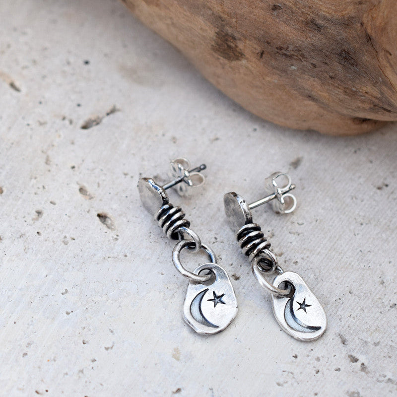Moon and Star Earrings. Silver Post Nugget Earrings. Cindys Art and Soul Jewelry. 
