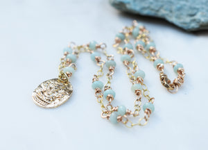 Ganesh Necklace. Pale Blue Amazonite Gemstone Jewelry. Golden Bronze Beaded Chain. Cindy's Art and Soul Jewelry. 99231