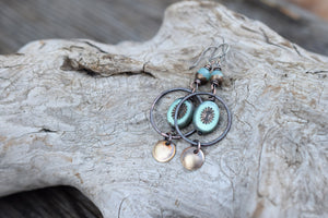 Blue Gemstone Earrings. Handmade Rustic Hoop Earrings. Golden Rust Hoops. Amazonite Stones. 11253A