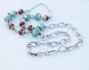 Teal + Orange Boho Style Triangle Necklace. Handmade Sterling Silver Jewelry. 