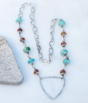 Teal + Orange Boho Style Triangle Necklace. Handmade Sterling Silver Jewelry. 
