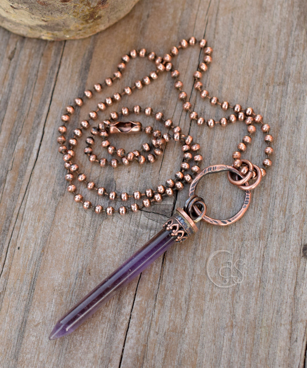 Amethyst Crystal Point Necklace — Copper Bezel Pendant, Beaded Chain | Memory of Water