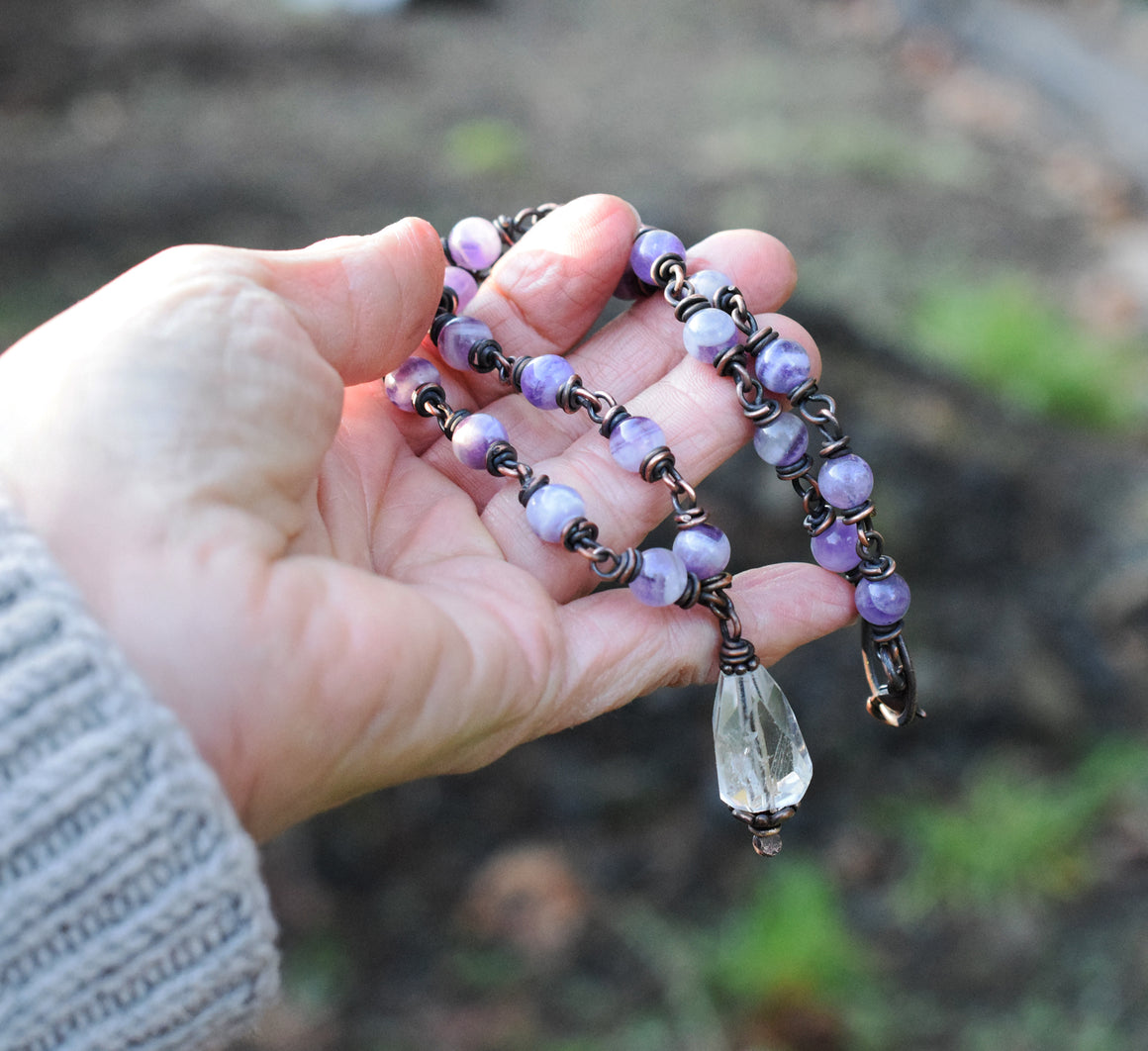 Misty Moonlight. Amethyst Crystal Necklace. Wire Wrapped Pure Copper.