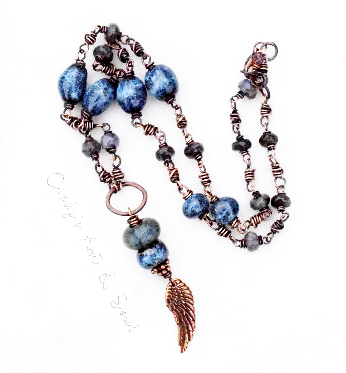 Rusty Angel. Handcrafted Gemstone Necklace. Ceramic Beaded Blue + Copper. 12691