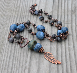 Rusty Angel. Handcrafted Gemstone Necklace. Ceramic Beaded Blue + Copper. 12691