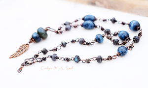Rusty Angel. Handcrafted Gemstone Necklace. Ceramic Beaded Blue + Copper. 12691