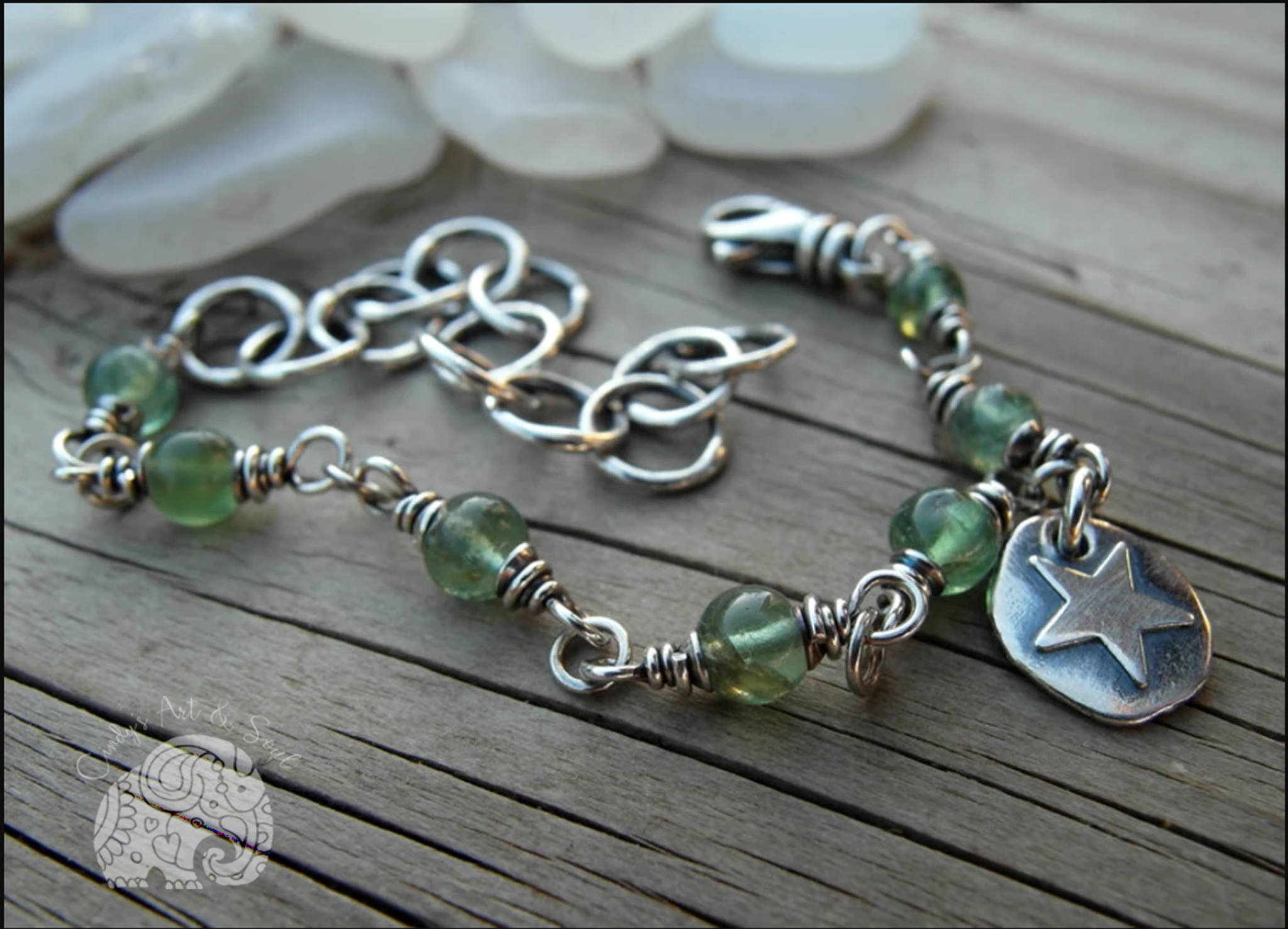 Silver Star Charm, Apatite Nugget Charm Bracelet, Fused Silver Chain, Boho Gift