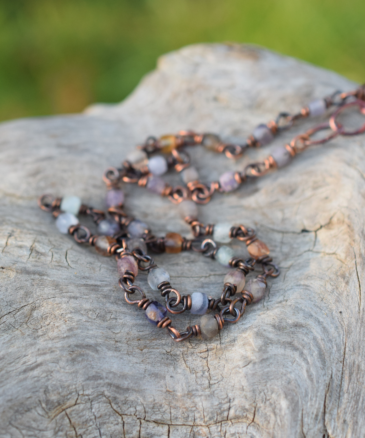 Vintage Colors Gemestone Necklace. Solid Copper. Beaded Necklace.