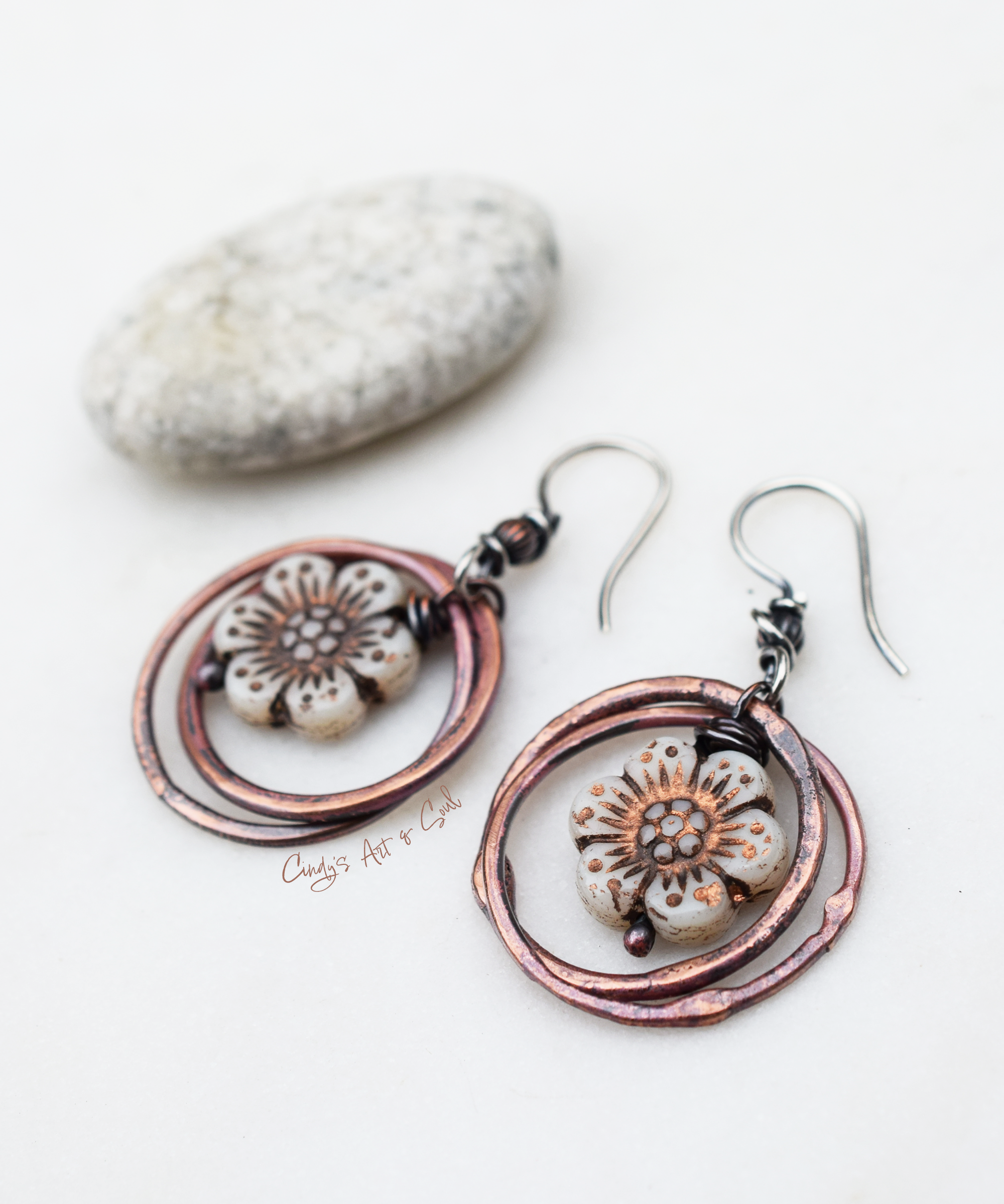 Handcrafted Golden Flower Hoop Earrings. Bohemian Style Golden Cream Czech Glass Beaded Handmade Copper Hoops. Bohemian Style Jewelry.