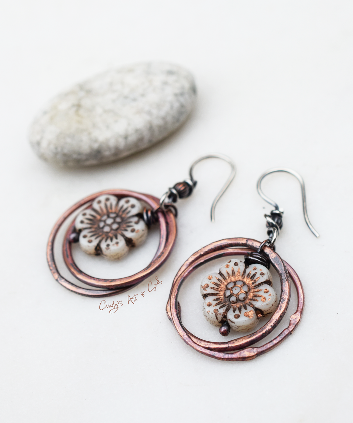 Handcrafted Golden Flower Hoop Earrings. Bohemian Style Golden Cream Czech Glass Beaded Handmade Copper Hoops. Bohemian Style Jewelry.