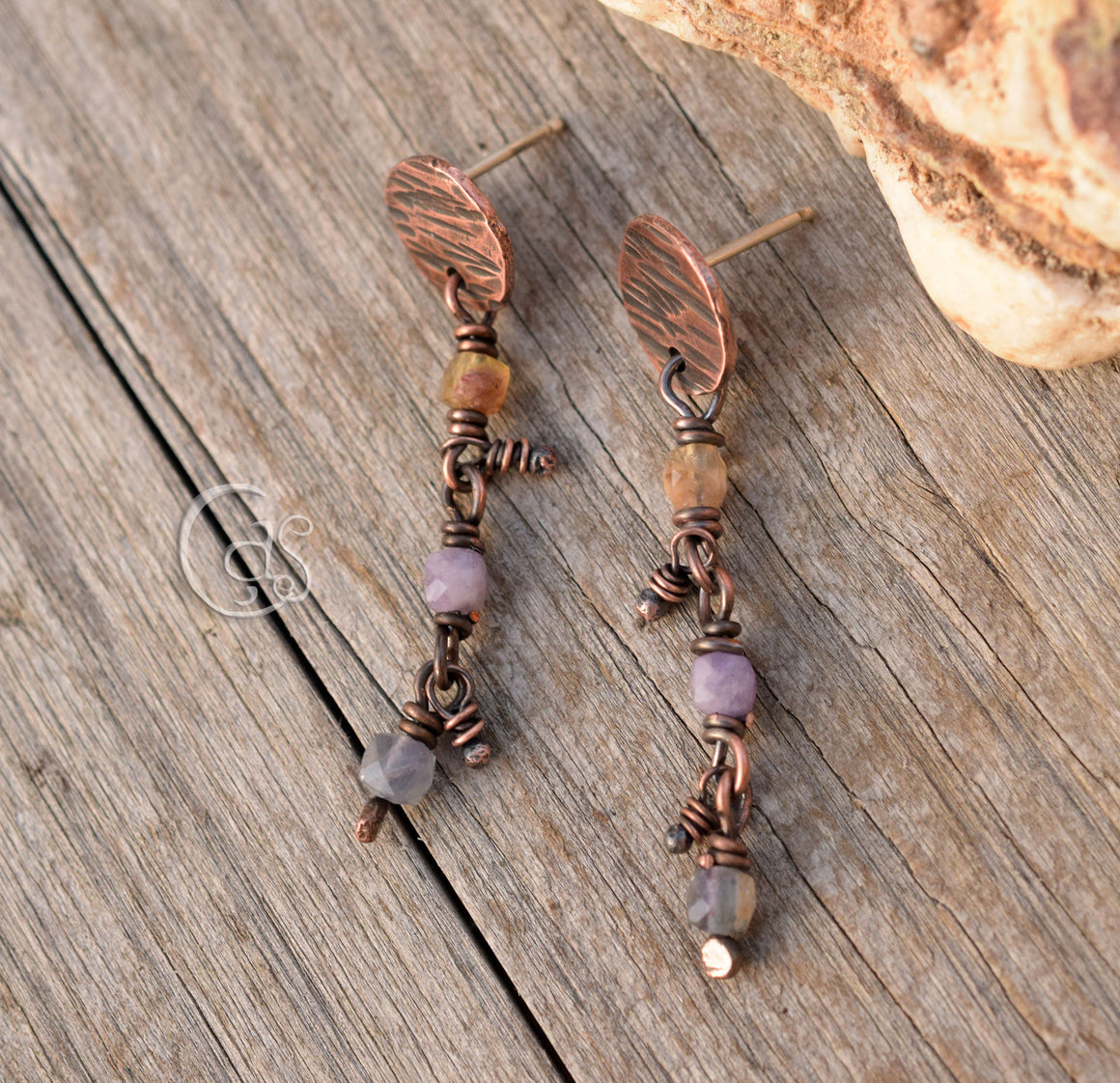 Copper Amethyst Post Earrings Dangle Handcrafted Memory of Water Collection