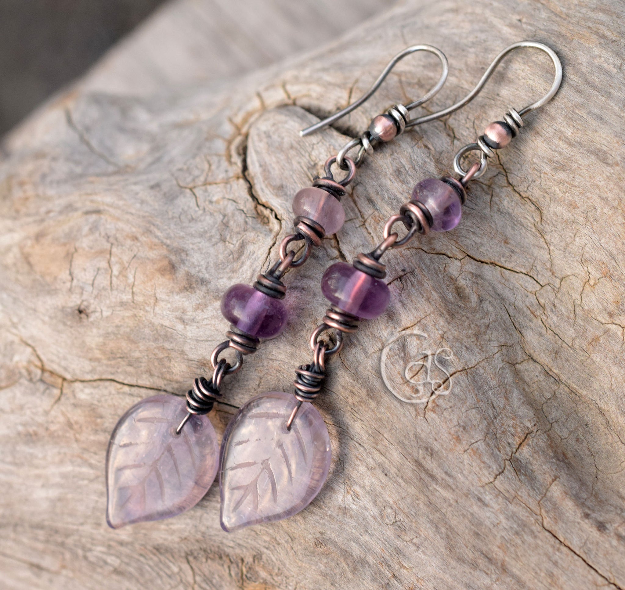 Fluorite and Amethyst Leaf Dangle Earrings Vintage Czech Glass, Oxidized Copper