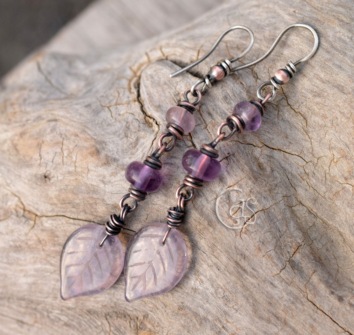 Fluorite and Amethyst Leaf Dangle Earrings Vintage Czech Glass, Oxidized Copper