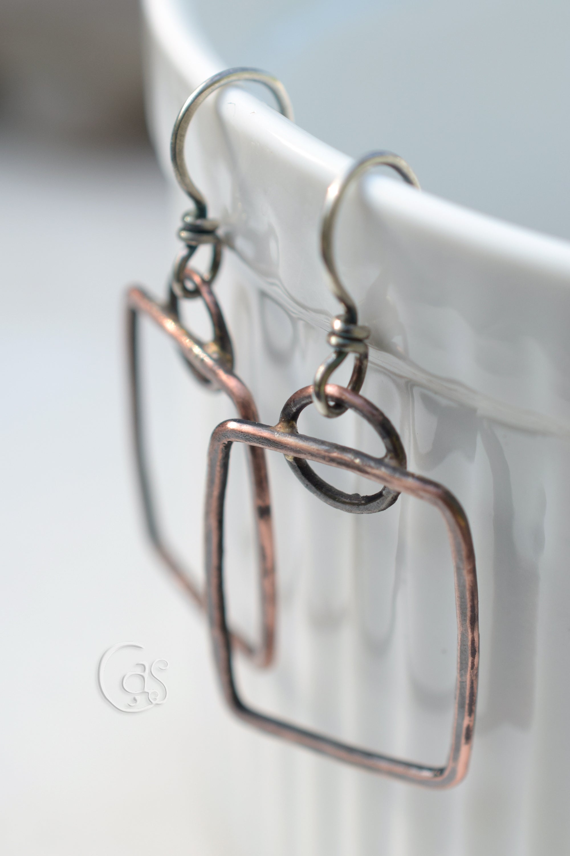 Hand Forged Copper Square Hoop Earrings with Sterling Silver Hoops