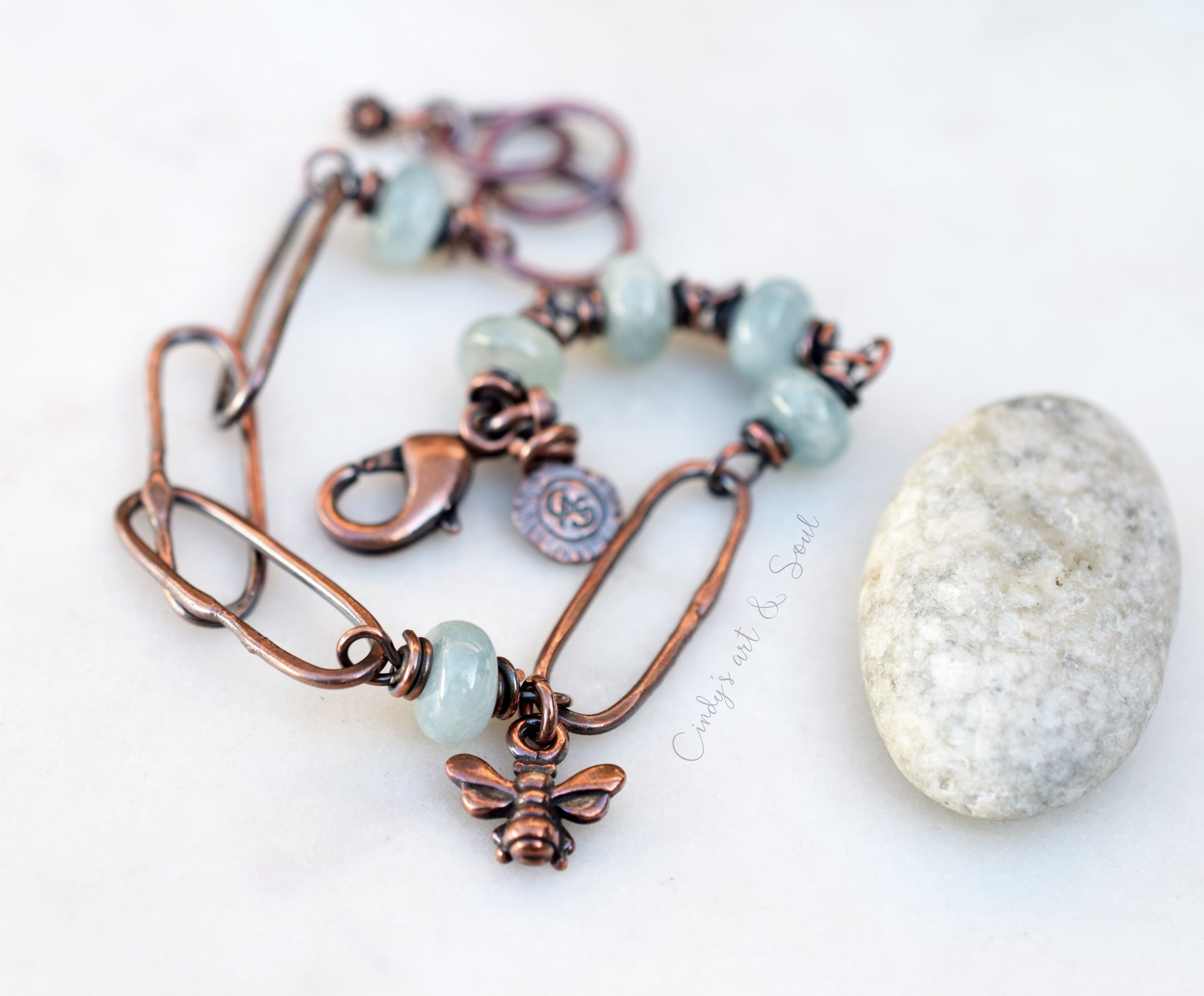Hand Forged Copper Bee Bracelet with Aquamarine Gemstones, Rustic Nature Jewelry