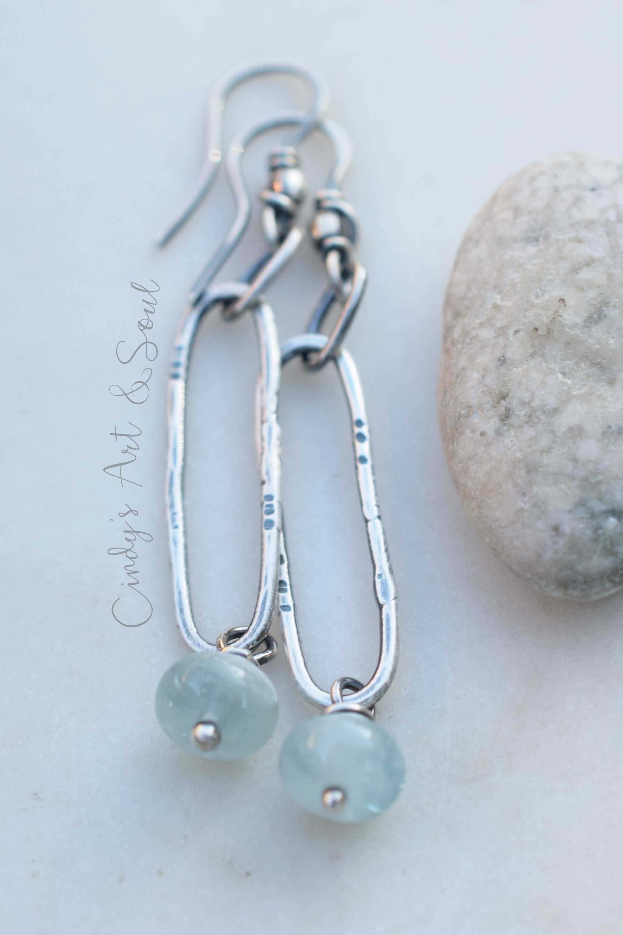 Silver Hoop Earrings, Aquamarine Gemstone, Handcrafted Hoops