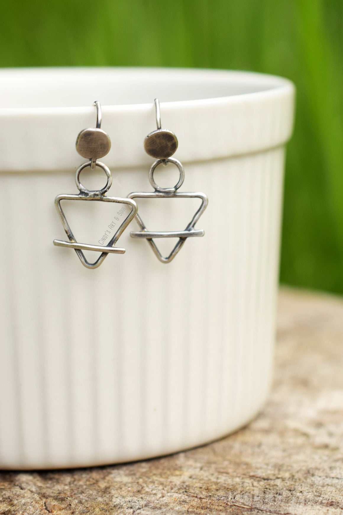 Fine Silver Earth Element Earrings, Hand Forged Triangle Symbol Earrings
