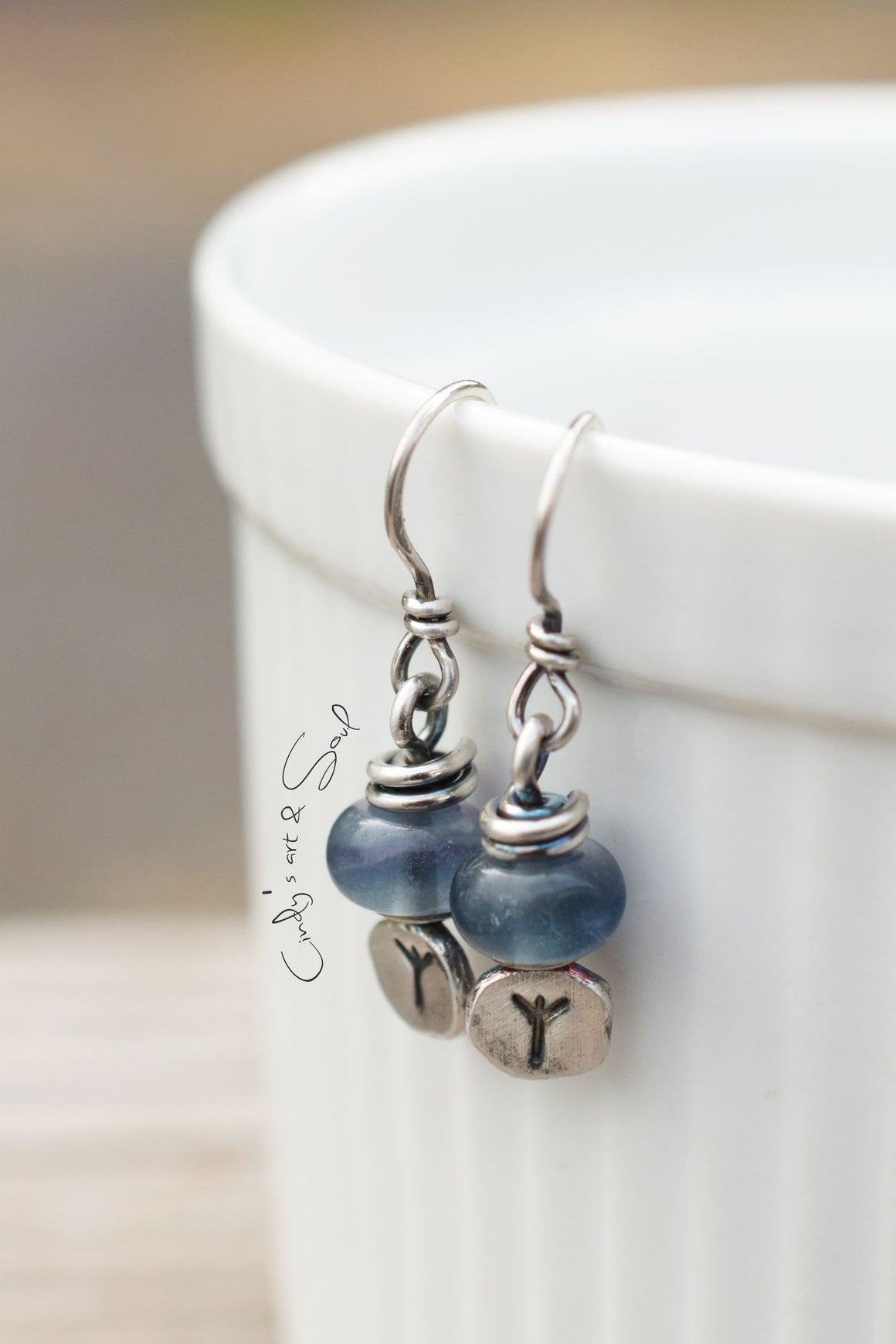Algiz Rune Earrings, Blue Fluorite and Fine Silver, Protection Jewelry, Handmade Dangle Earrings