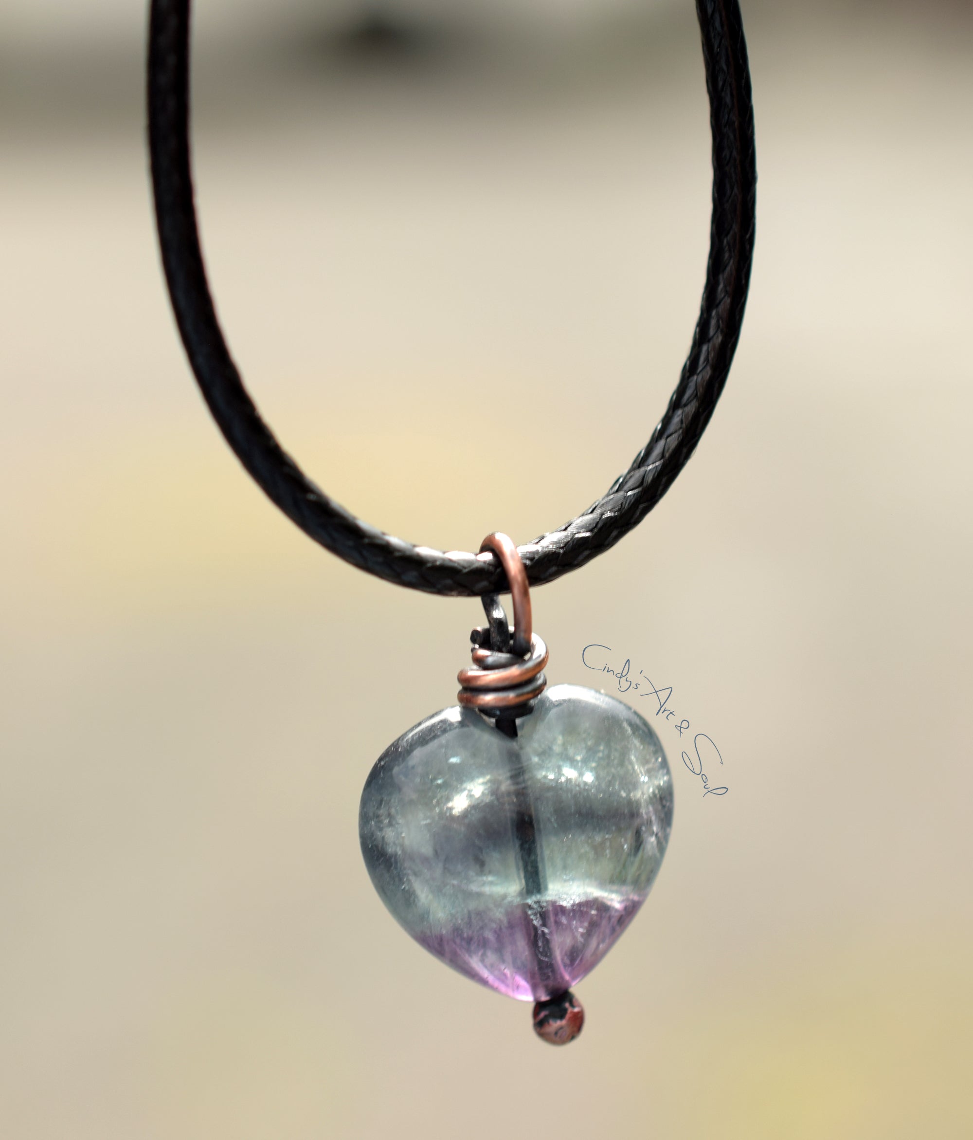 Fluorite Heart Pendant | Multi-Color Stone, Wire Wrapped, Adjustable Cord