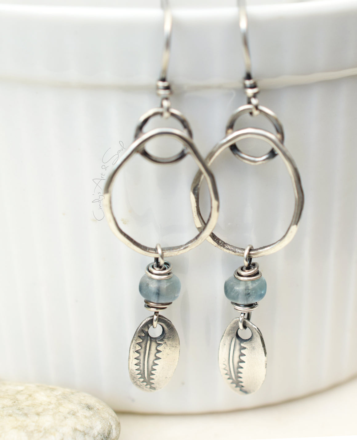 Fine Silver Leaf Earrings with Montana Blue Fluorite Hoops