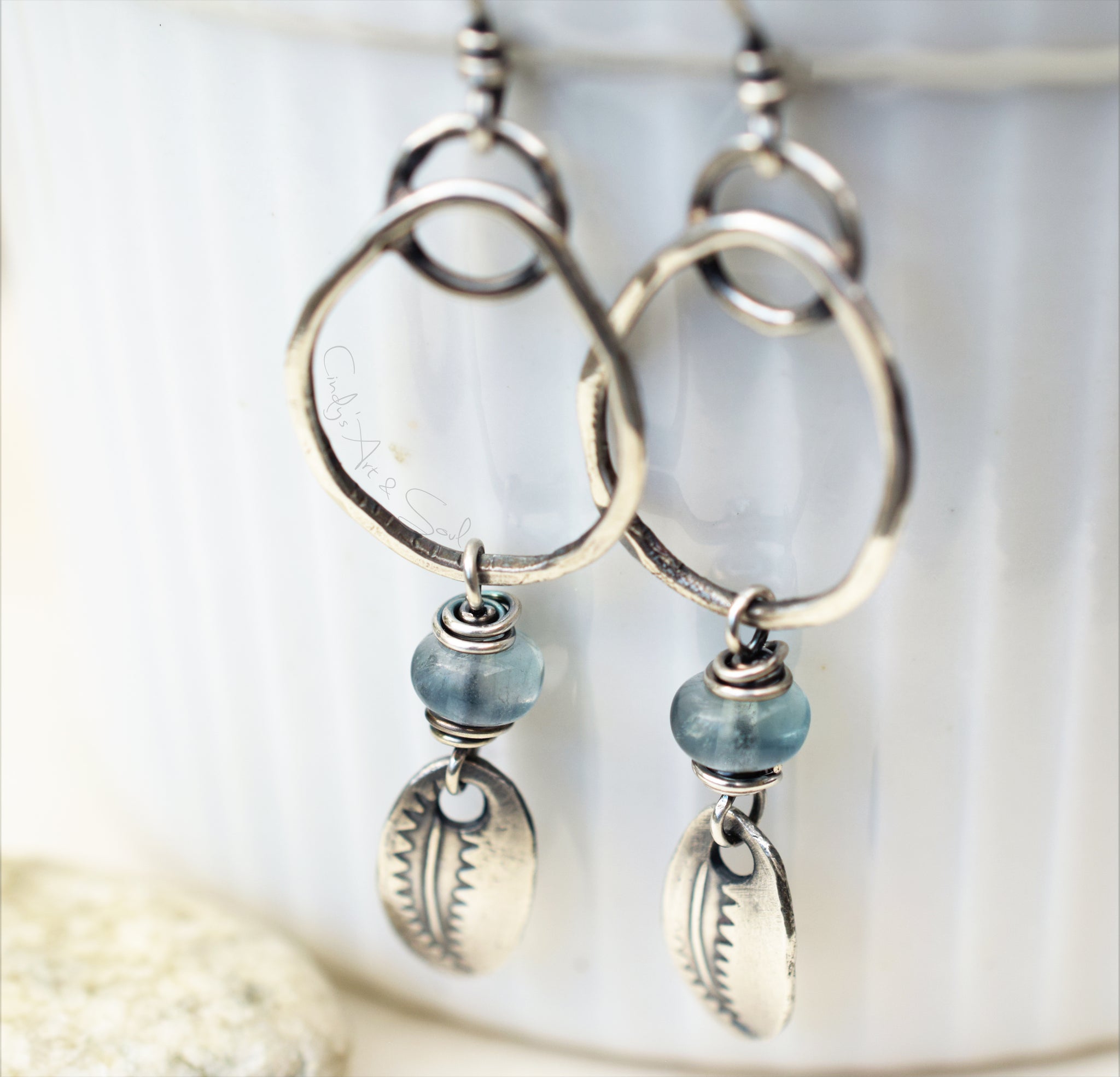 Fine Silver Leaf Earrings with Montana Blue Fluorite Hoops