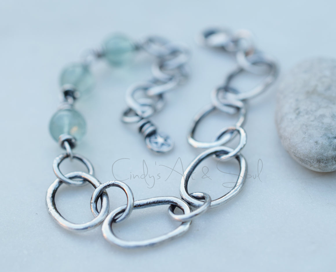 Blue Fluorite Bracelet, Handmade Fused Chain, Wire Wrapped Stones, Sterling and Fine Silver