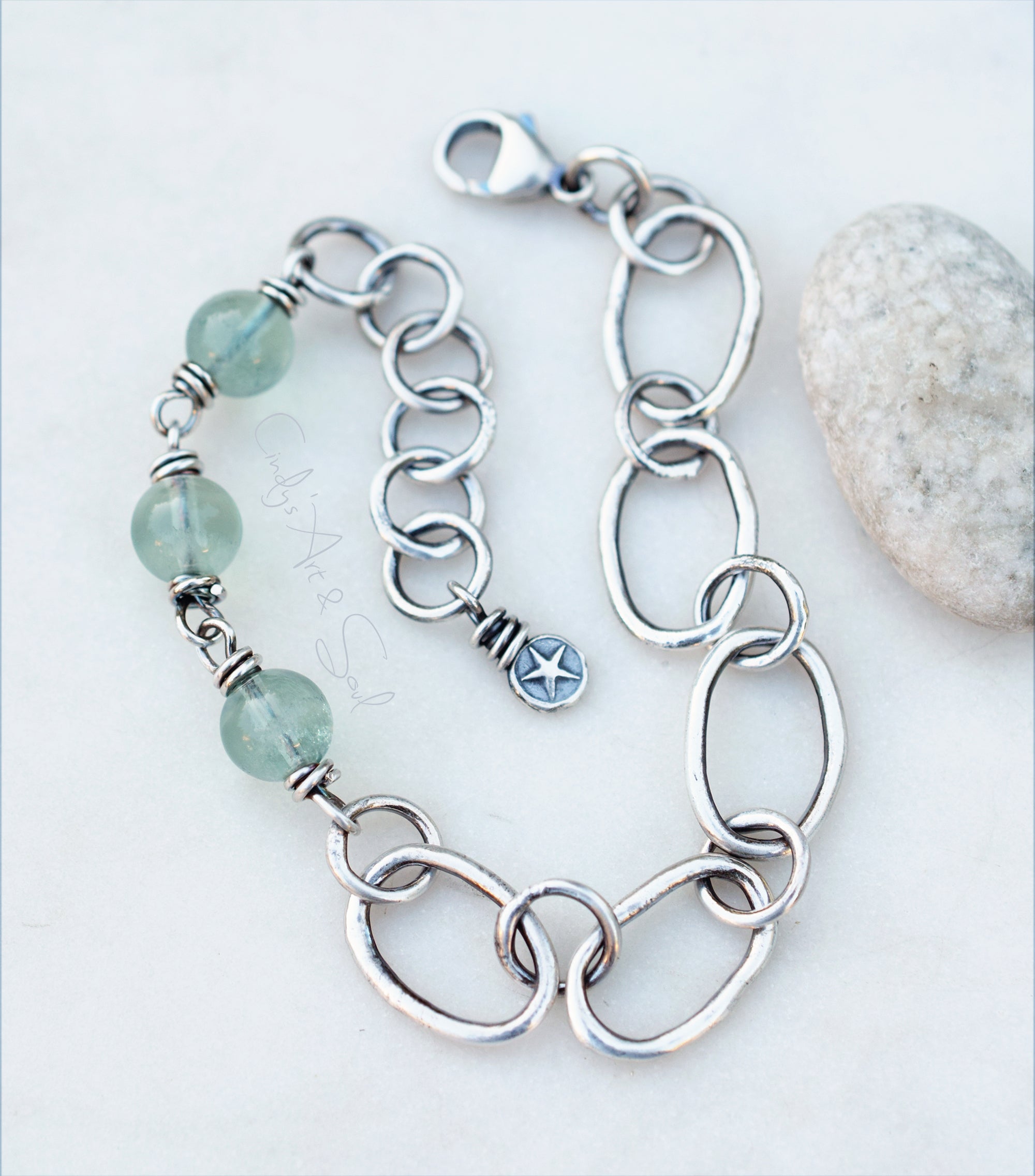 Blue Fluorite Bracelet, Handmade Fused Chain, Wire Wrapped Stones, Sterling and Fine Silver