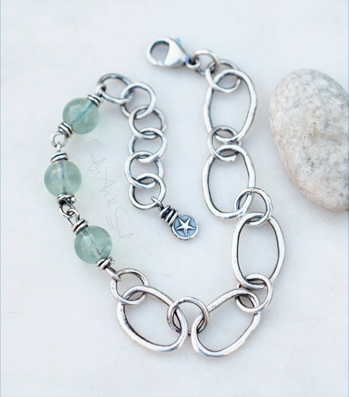Blue Fluorite Bracelet, Handmade Fused Chain, Wire Wrapped Stones, Sterling and Fine Silver