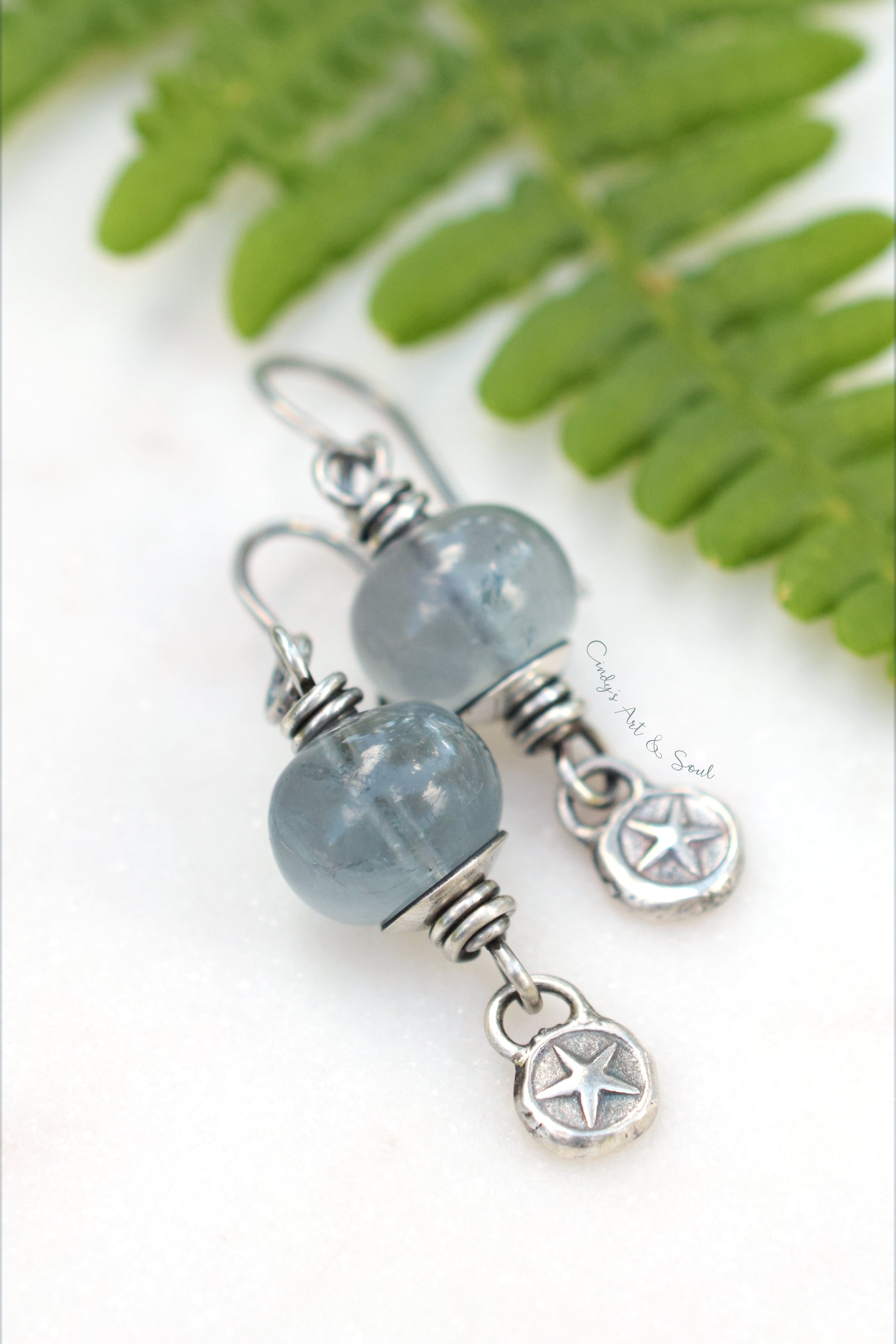 Montana Blue Gemstone Silver Earrings. Star Dangle. Fluorite