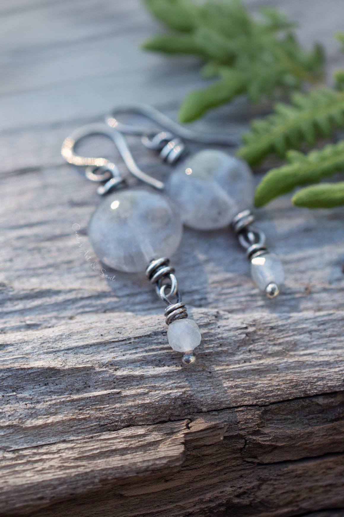 Full Moon Earrings, Gray Quartz and Moonstone, Sterling Silver