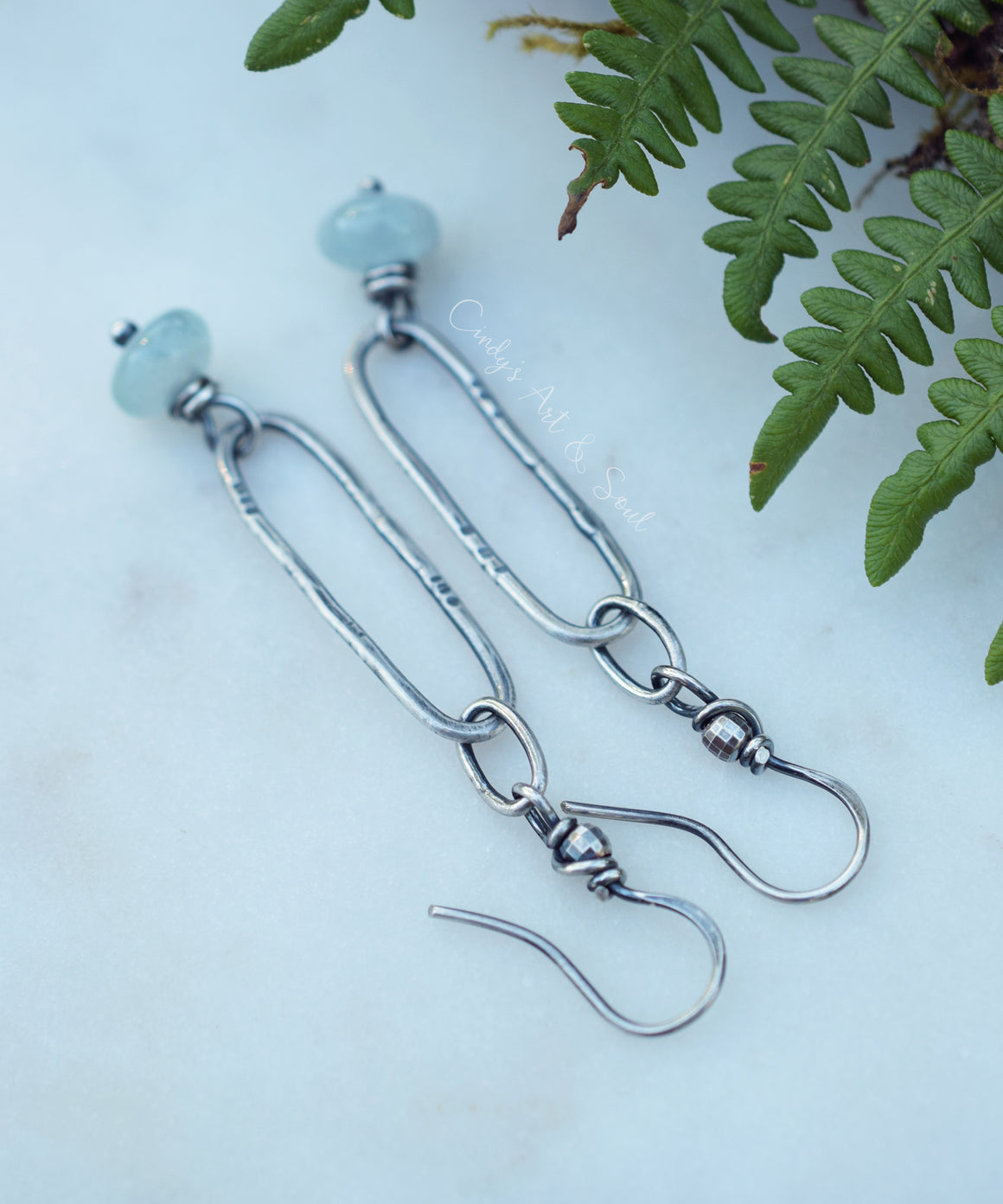 Silver Hoop Earrings, Aquamarine Gemstone, Handcrafted Hoops