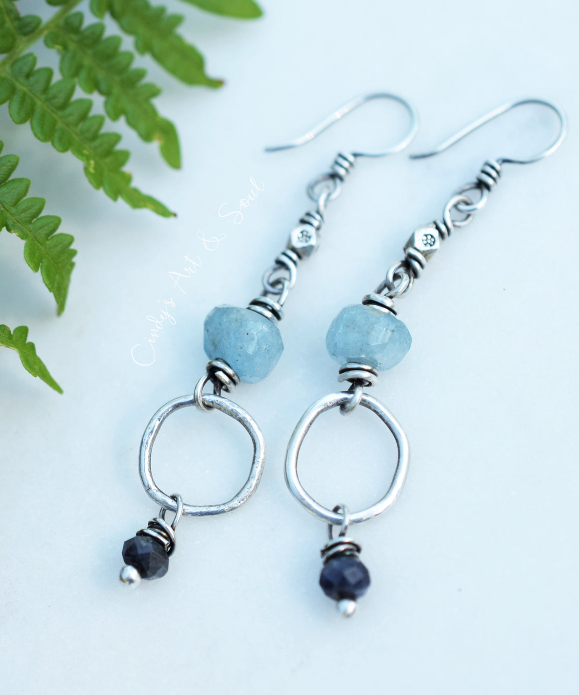 Aquamarine Sapphire Hoop Earrings, Fine Silver Hill Tribe