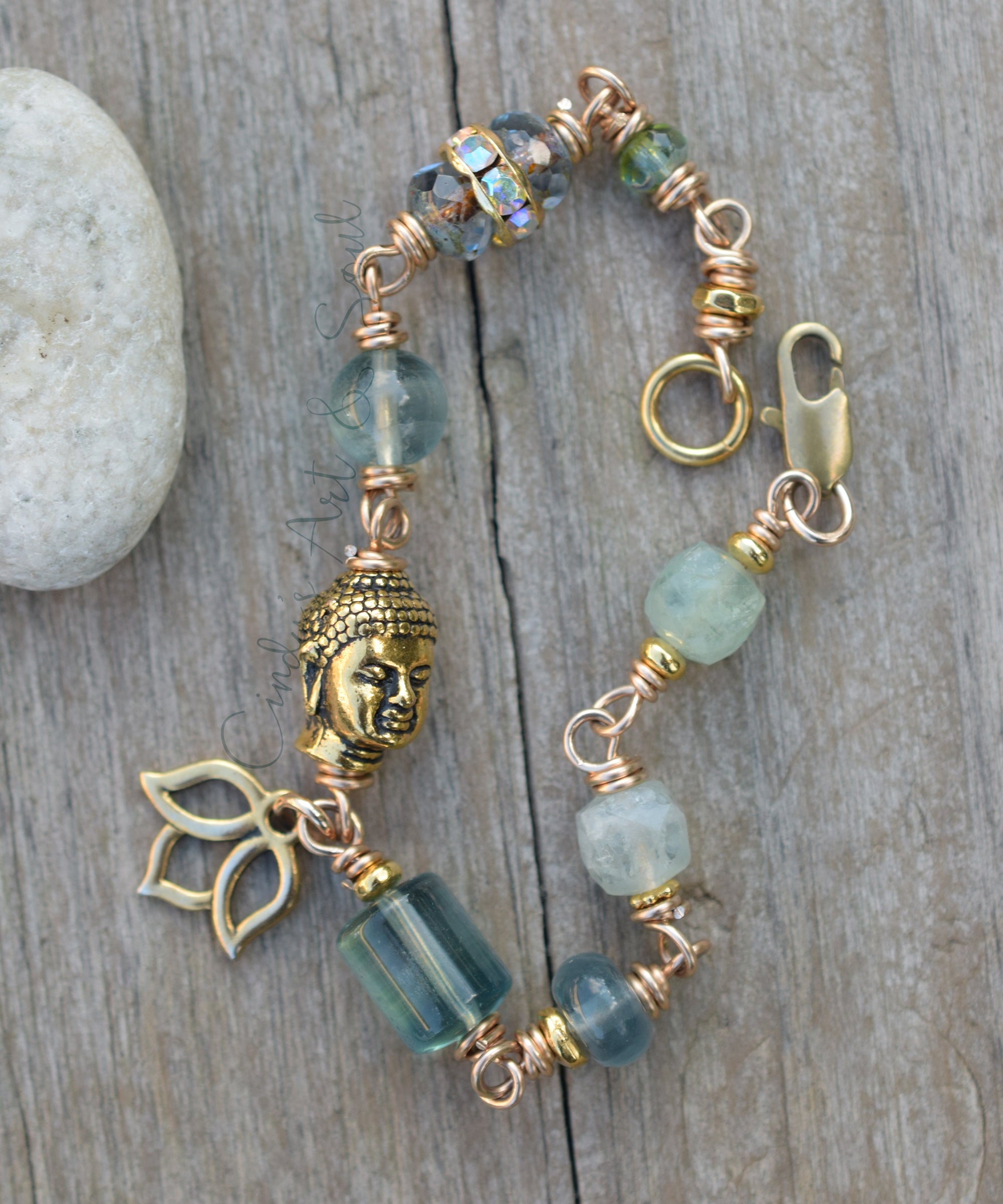 Boho Buddha Bracelet Fluorite Gemstone Bronze Lotus