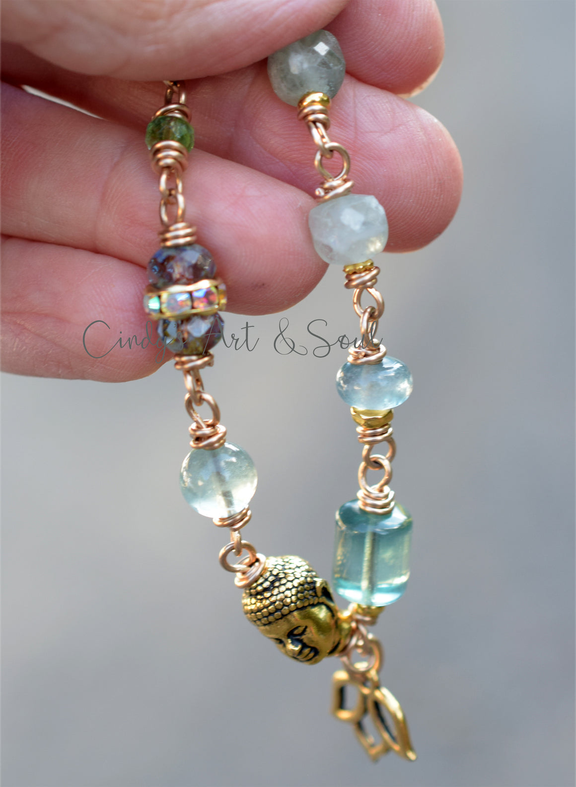 Boho Buddha Bracelet Fluorite Gemstone Bronze Lotus