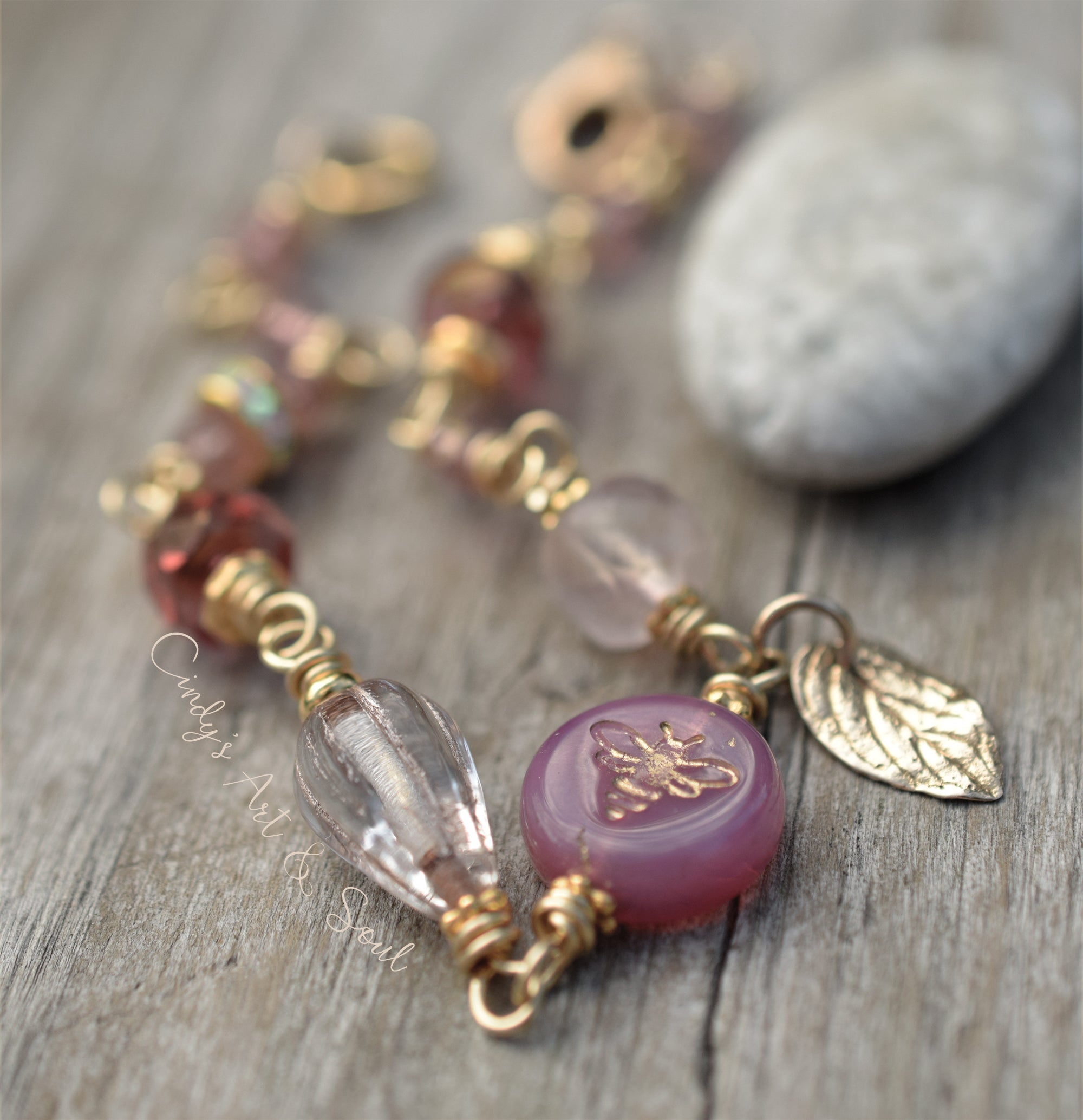Boho Pink Czech Glass Bracelet Bee Motif Leaf Charm