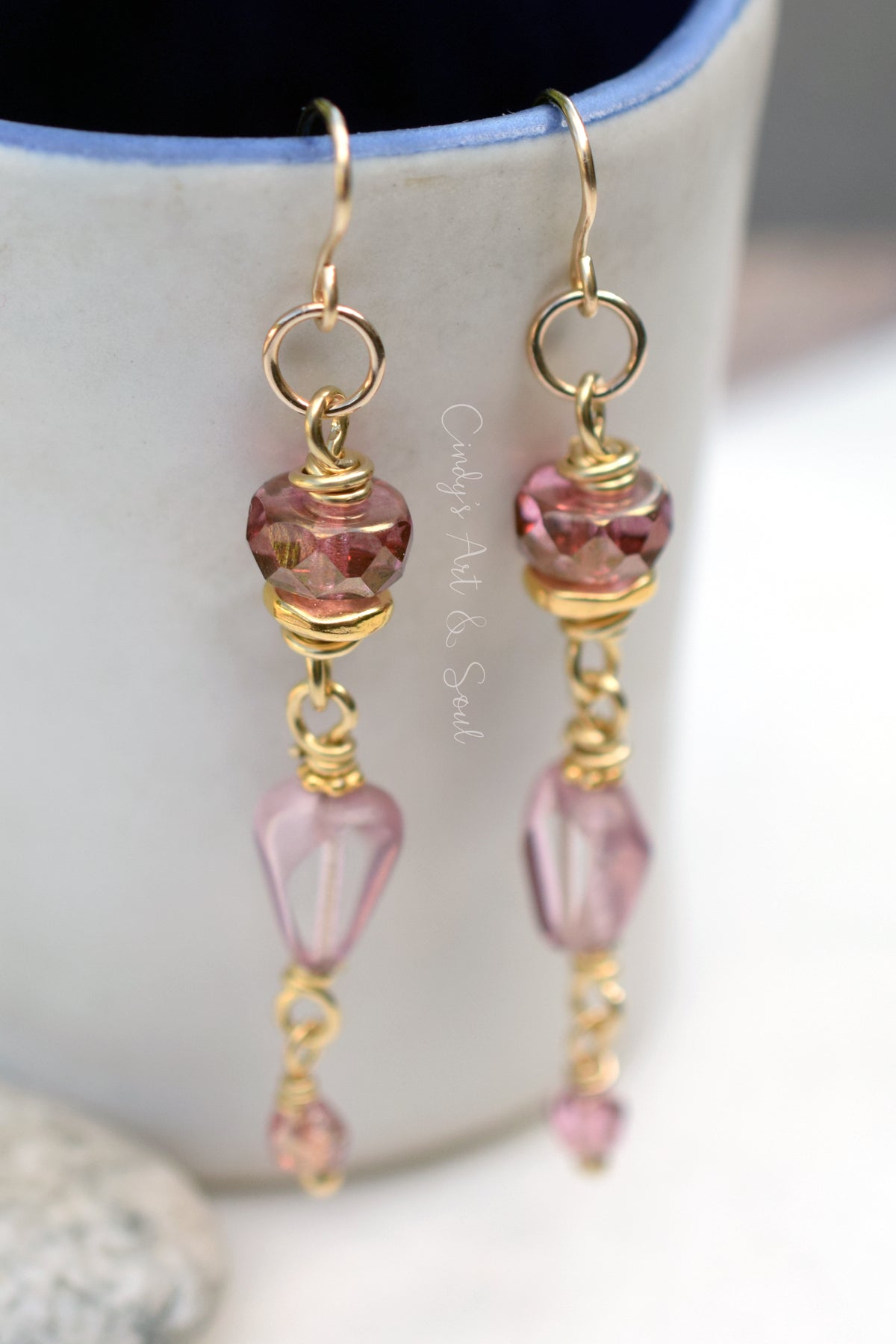 Rose Czech Glass Boho Dangles, Gold Fill Ear Wires