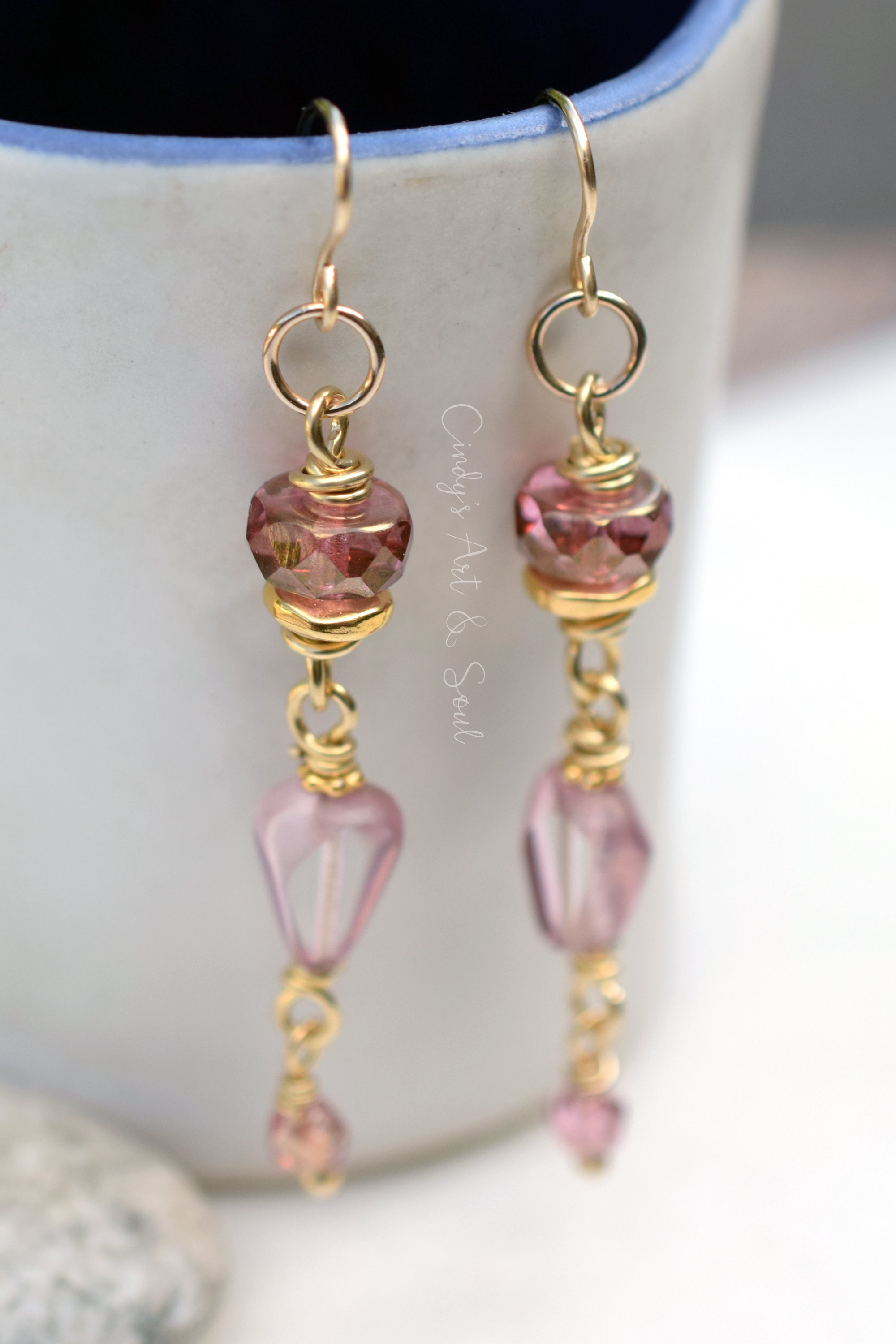 Rose Czech Glass Boho Dangles, Gold Fill Ear Wires