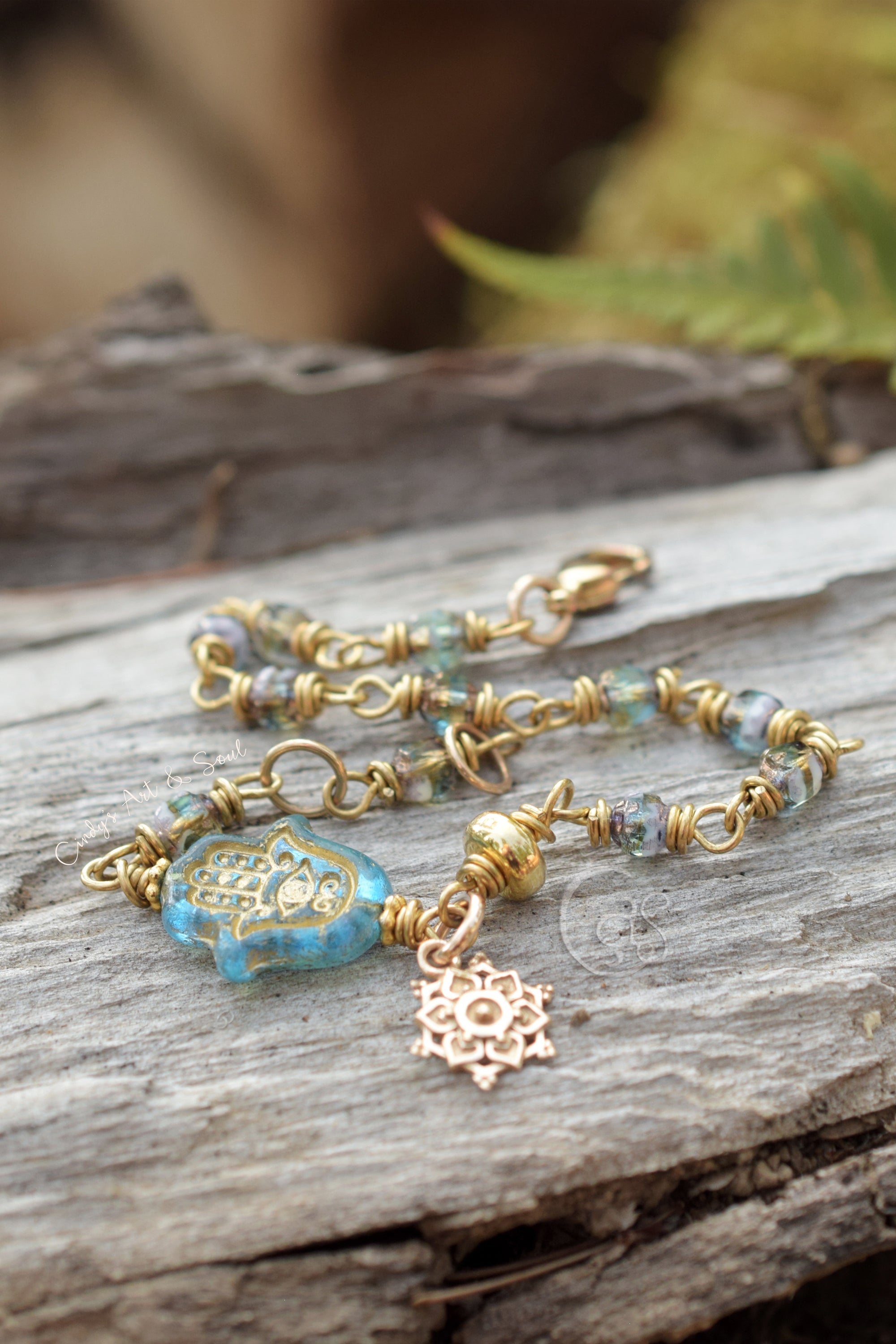 Hamsa Hand Bracelet Gold Blue Glass Beaded Boho Jewelry