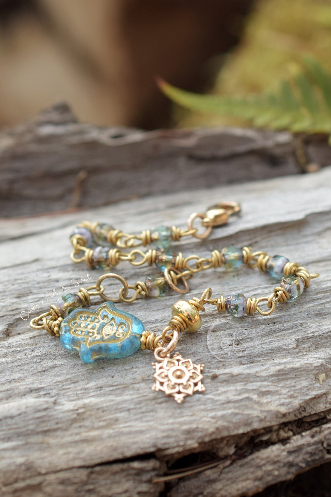 Hamsa Hand Bracelet Gold Blue Glass Beaded Boho Jewelry