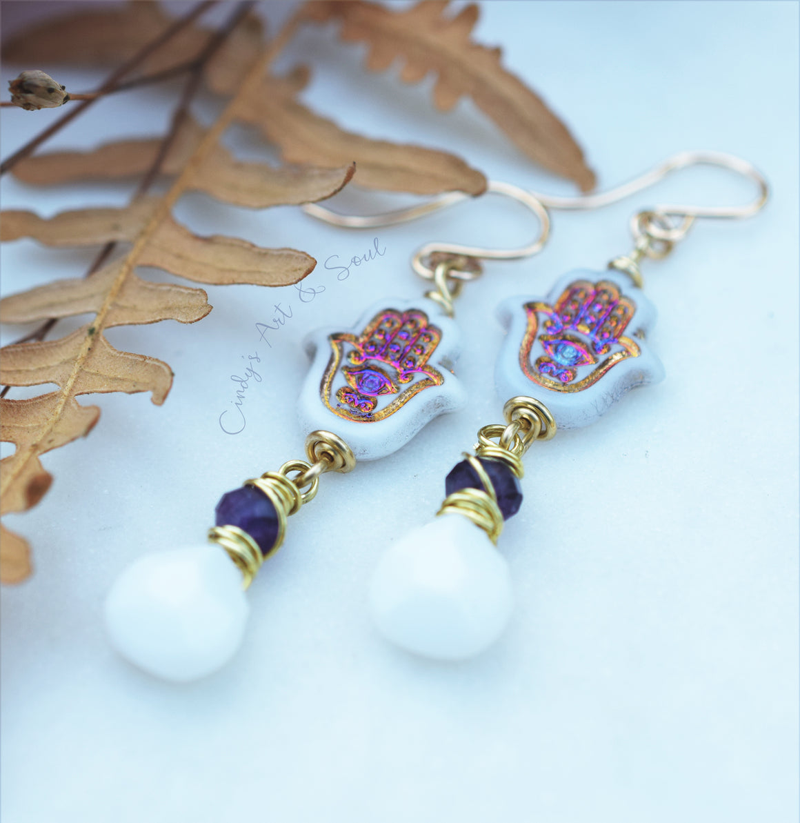Protective Hamsa Hand Earrings, White Czech Glass Fluorite Dangle