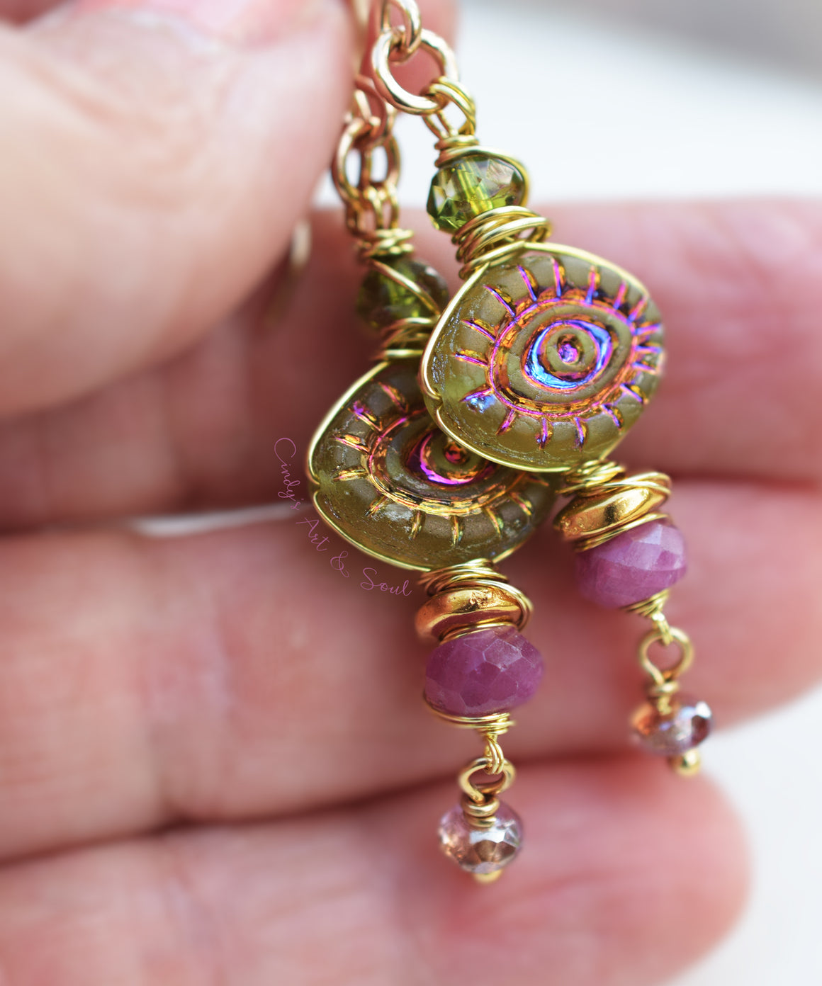 Protective Eye Ruby Earrings, Green Czech Glass Mystic Dangle