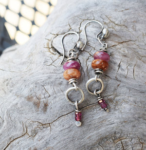 Sunstone. Ruby. Pure Silver. Colorful Gemstone Earrings. 52504