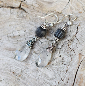 Earrings. Rutilated Quartz + Black Indonesian Glass.