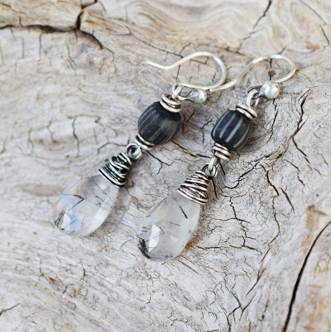 Earrings. Rutilated Quartz + Black Indonesian Glass.
