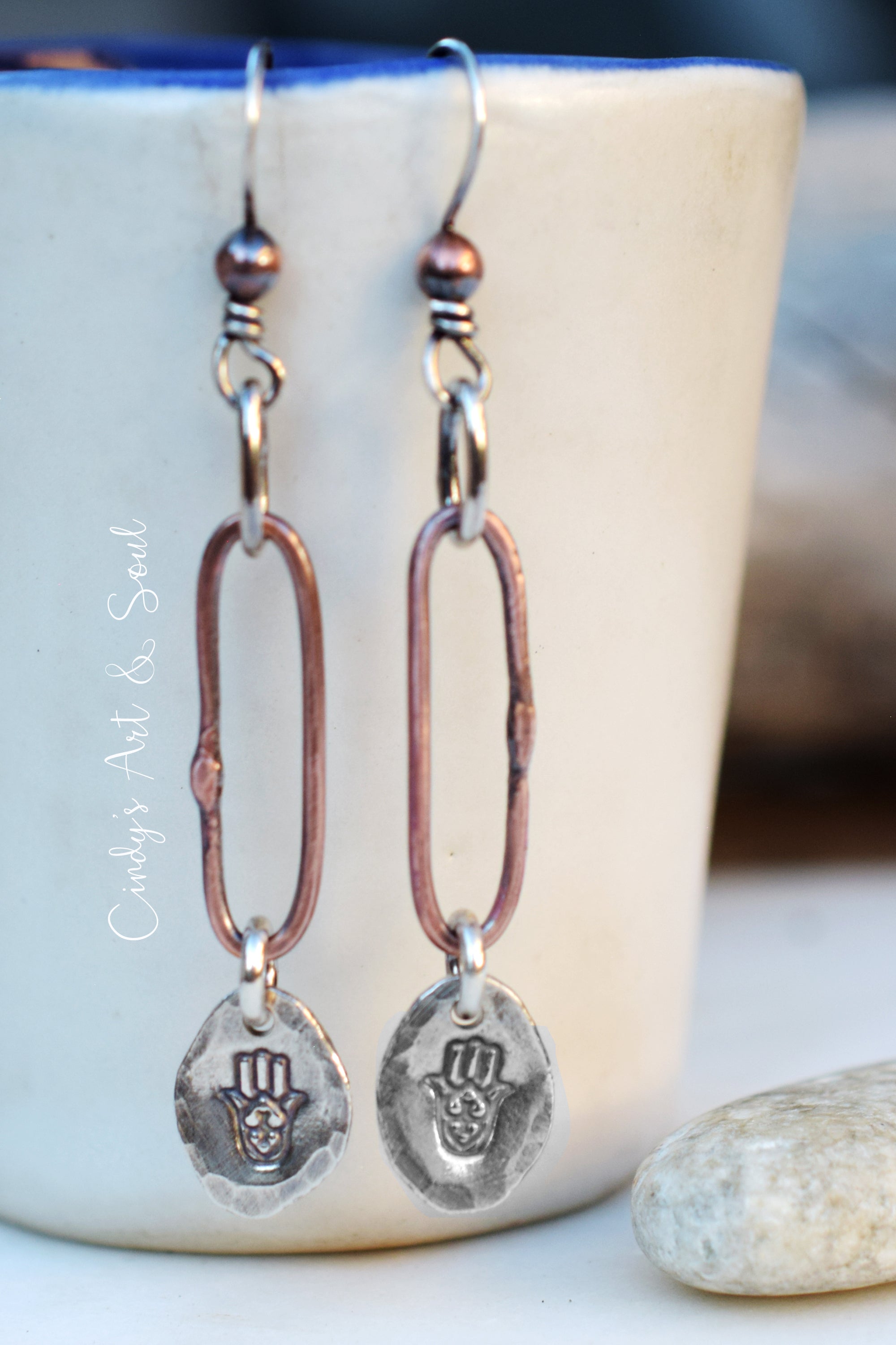 Silver Hamsa Earrings Mixed Metal Dangle Handcrafted