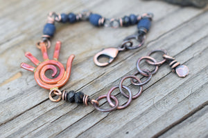 Maker. Hand Bracelet. Rustic Copper + Blue Gemstones