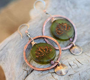 Bronze and Green Lotus Boho Hoop Earrings. Copper Hoops.