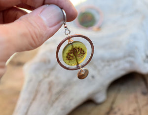 Bronze and Green Lotus Boho Hoop Earrings. Copper Hoops.