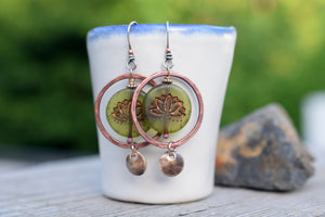 Bronze and Green Lotus Boho Hoop Earrings. Copper Hoops.