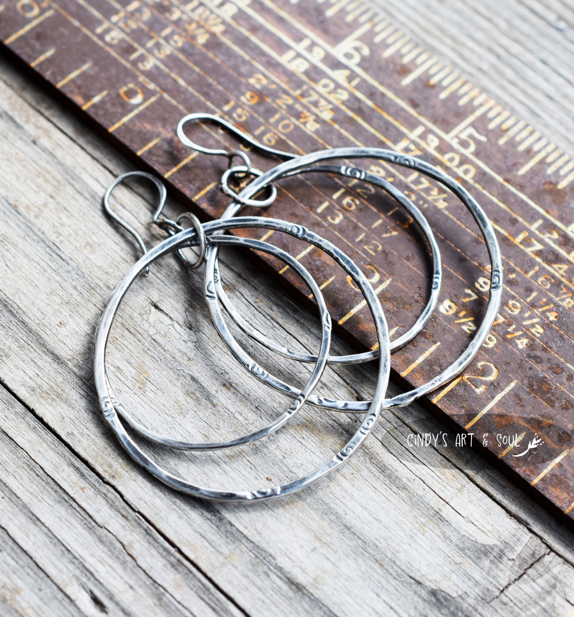 Hammered Silver Hoop Earrings Fine Silver Double Ring